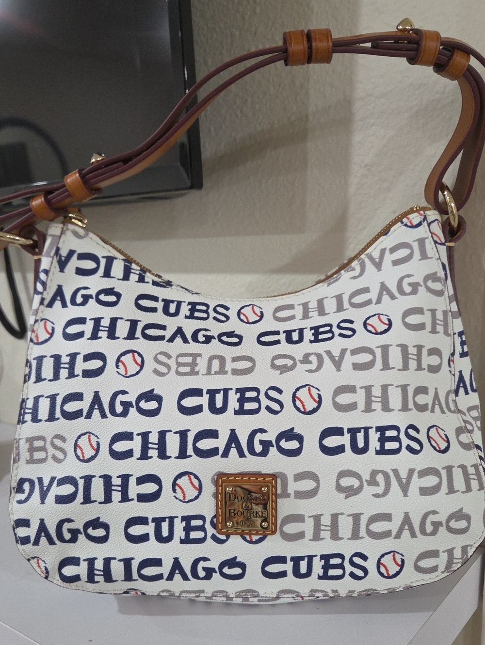 Dooney & Bourke White Chicago Cubs Logo Shoulder Bag with Brown Strap